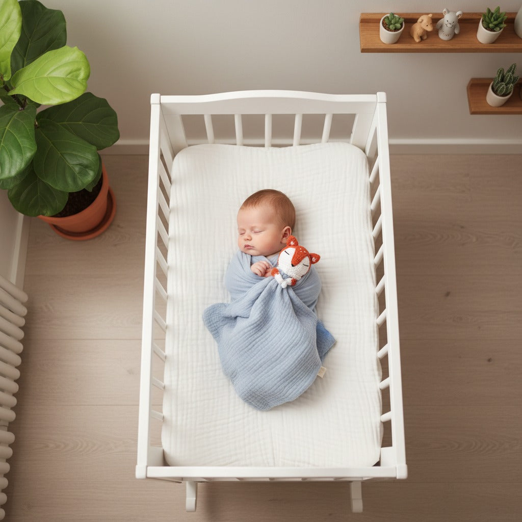 Bébé dort paisiblement avec doudou bébé renard coton apaisant