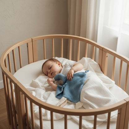 Bébé dort paisiblement avec doudou bleu canard mousseline