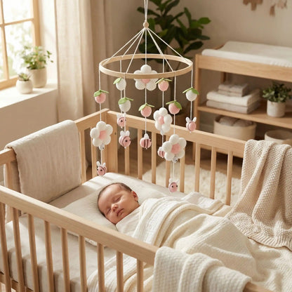 Bébé dort paisiblement avec mobile pour bébé en bois naturel Eveil Douceur