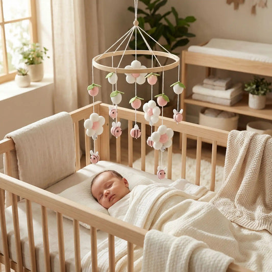Bébé dort paisiblement avec mobile pour bébé en bois naturel Eveil Douceur