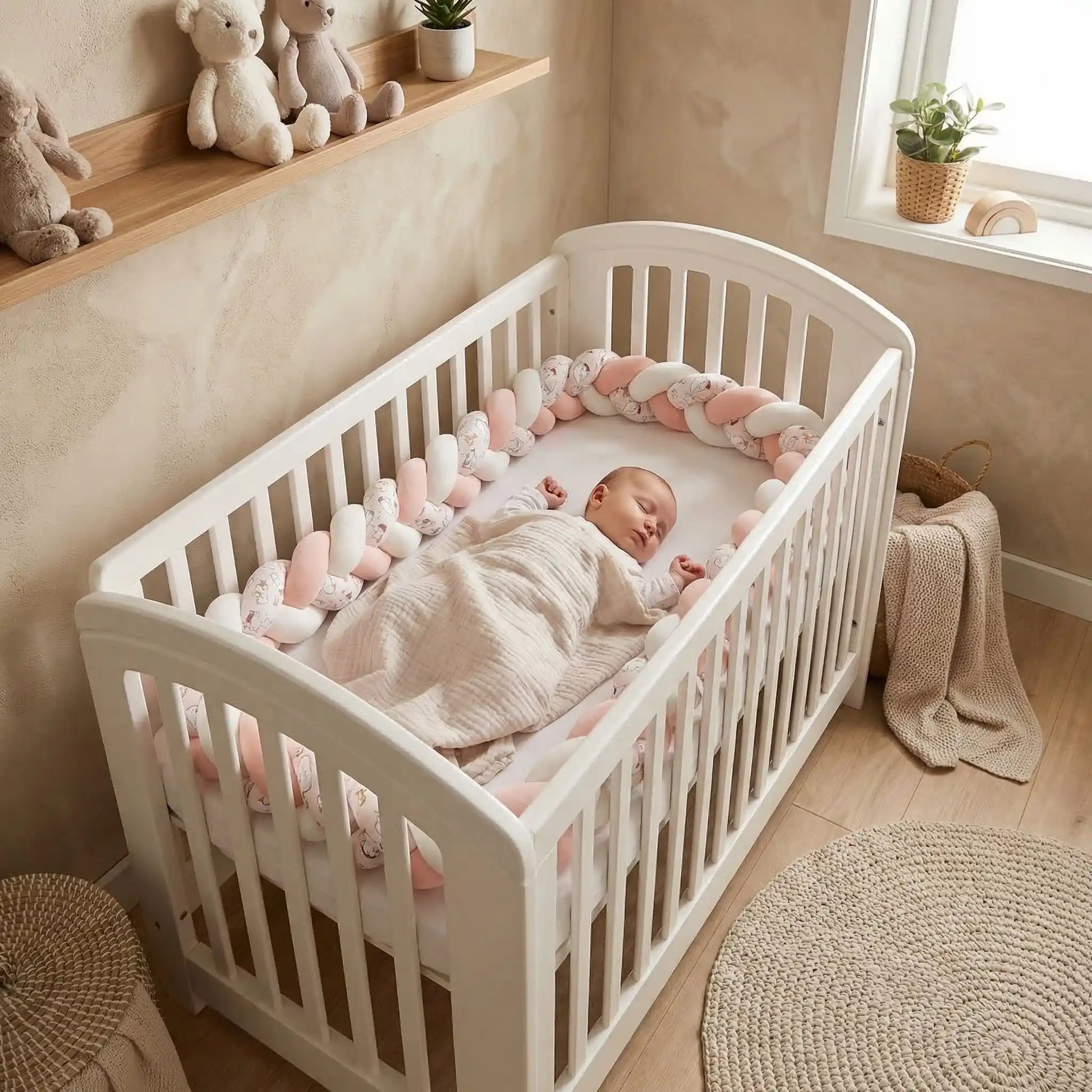 Bébé dort paisiblement avec tresse de lit bébé motif poussins TwistBumper rose cocote