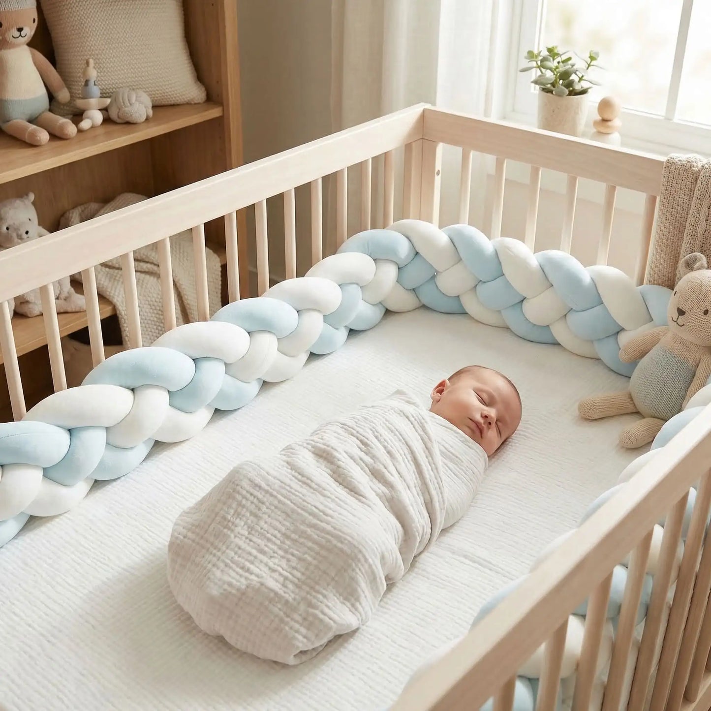 Bébé dort paisiblement avec tresse de lit bleu et blanc rêve tressé