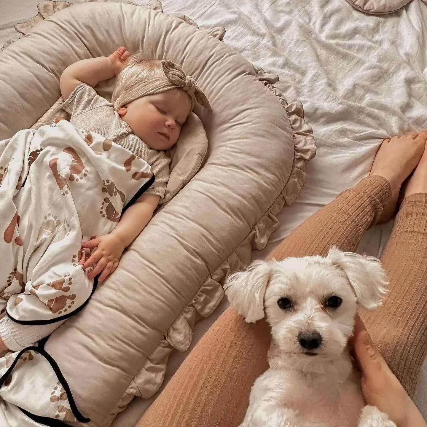 Bébé dort paisiblement dans Lit  cocon bebe avec chien mignon Douceur Maternelle