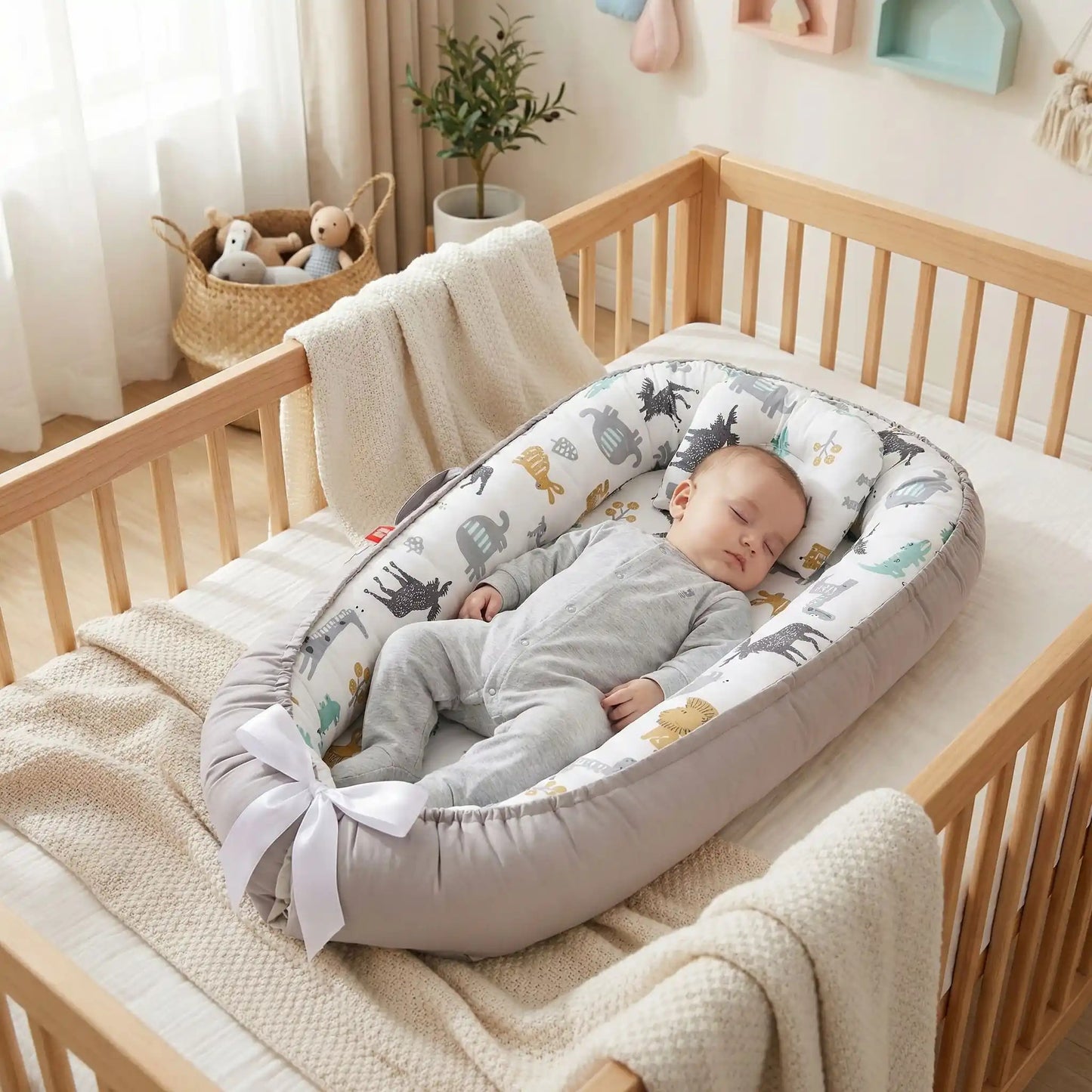 Bébé dort paisiblement dans Réducteur de lit bébé cocon en coton respirant Cocoon Baby