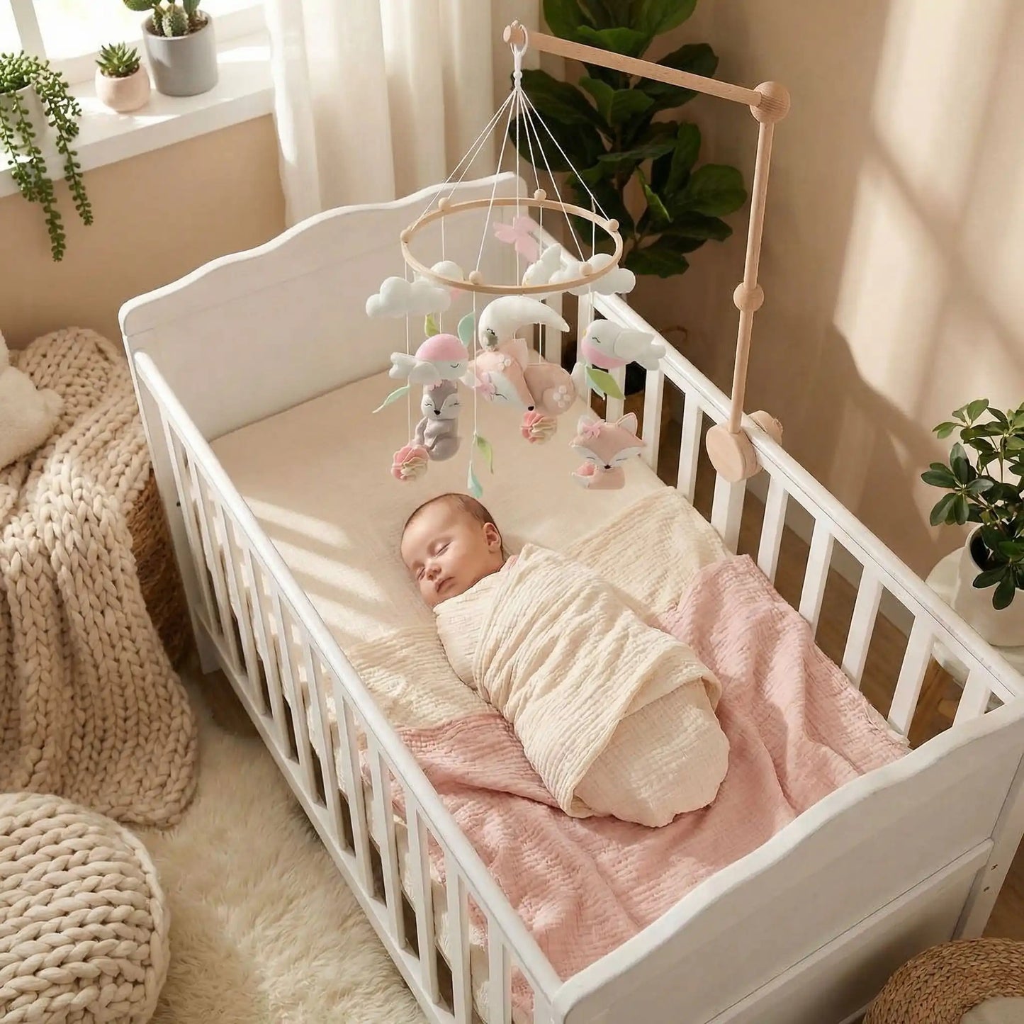 Bébé dort paisiblement dans berceau avce mobile pour bébé en bois naturel DouceSonge