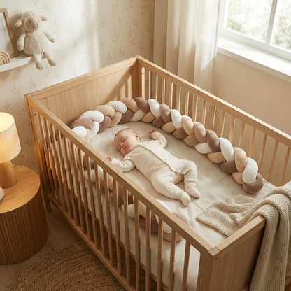 Bébé dort paisiblement dans berceau avec Tresse de lit 3Brins Marron Beige Blanc