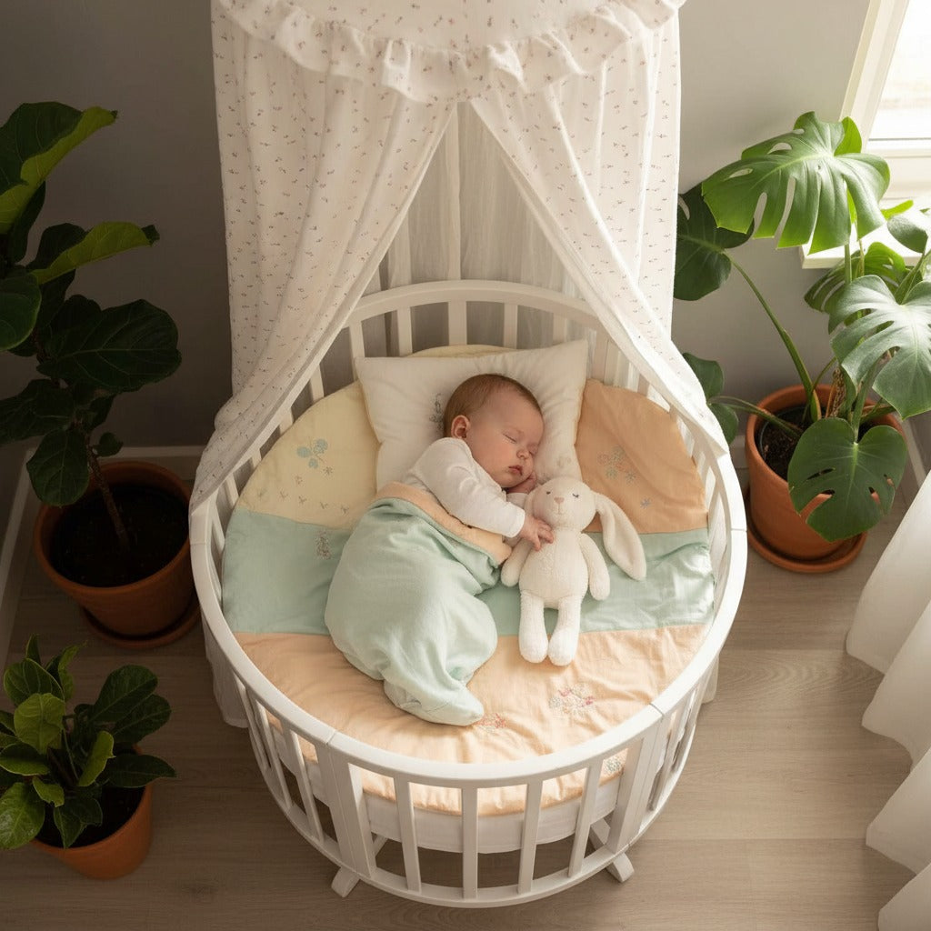 Bébé dort paisiblement dans berceau avec ciel de lit bebe coton premium