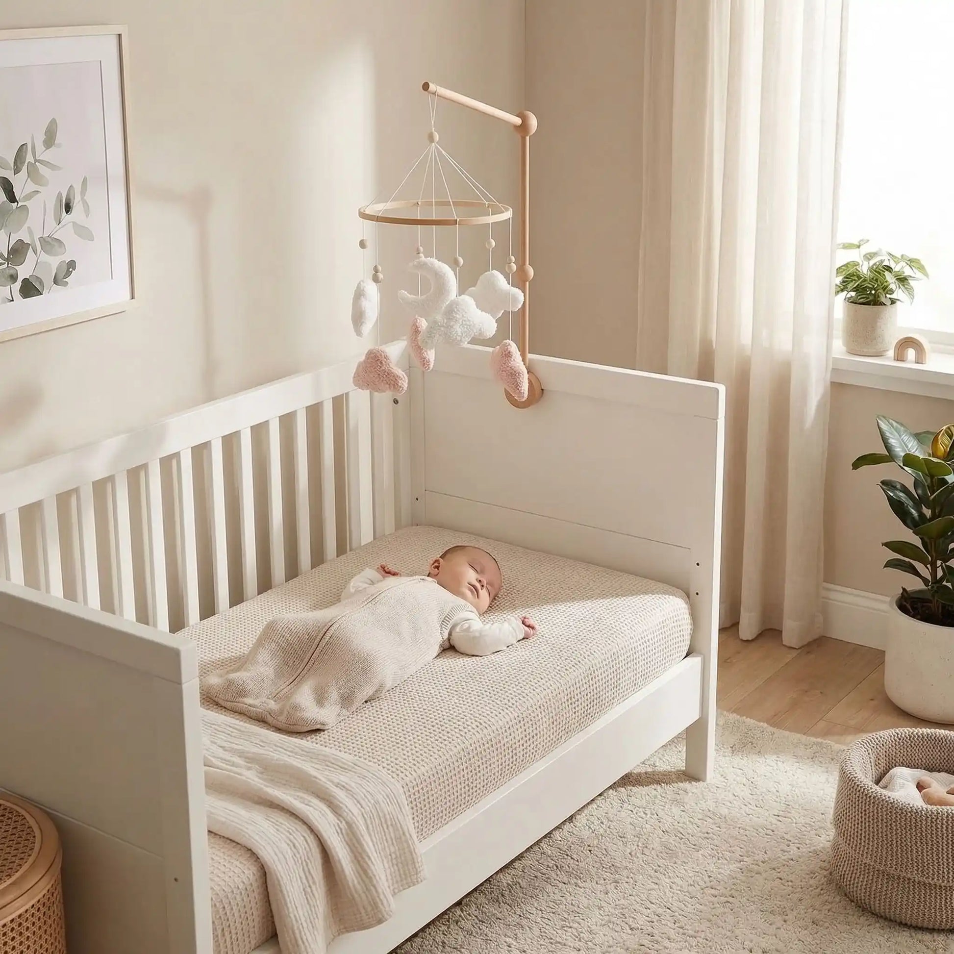 Bébé dort paisiblement dans berceau avec mobile pour bébé oodencribbell nuages