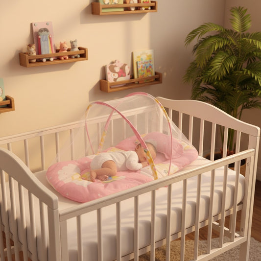 Bébé dort paisiblement dans berceau avec moustiquaire lit bébé sleepnest rose