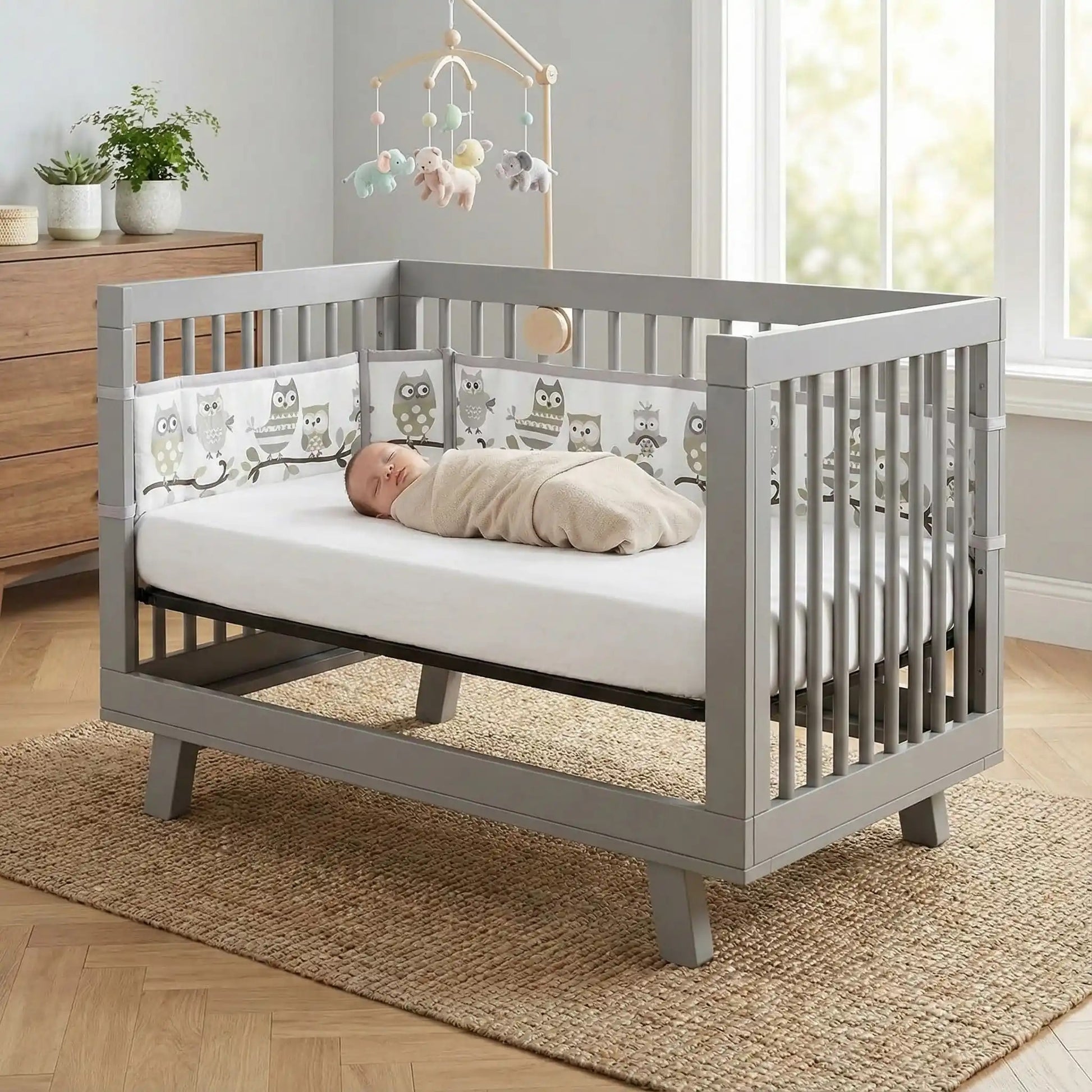 Bébé dort paisiblement dans berceau avec tour de lit respirant dans une chmabre Aérosafe Hibou