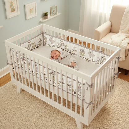 Bébé dort paisiblement dans berceau blanc avec tour de lit respirant Aerosafe Hibou