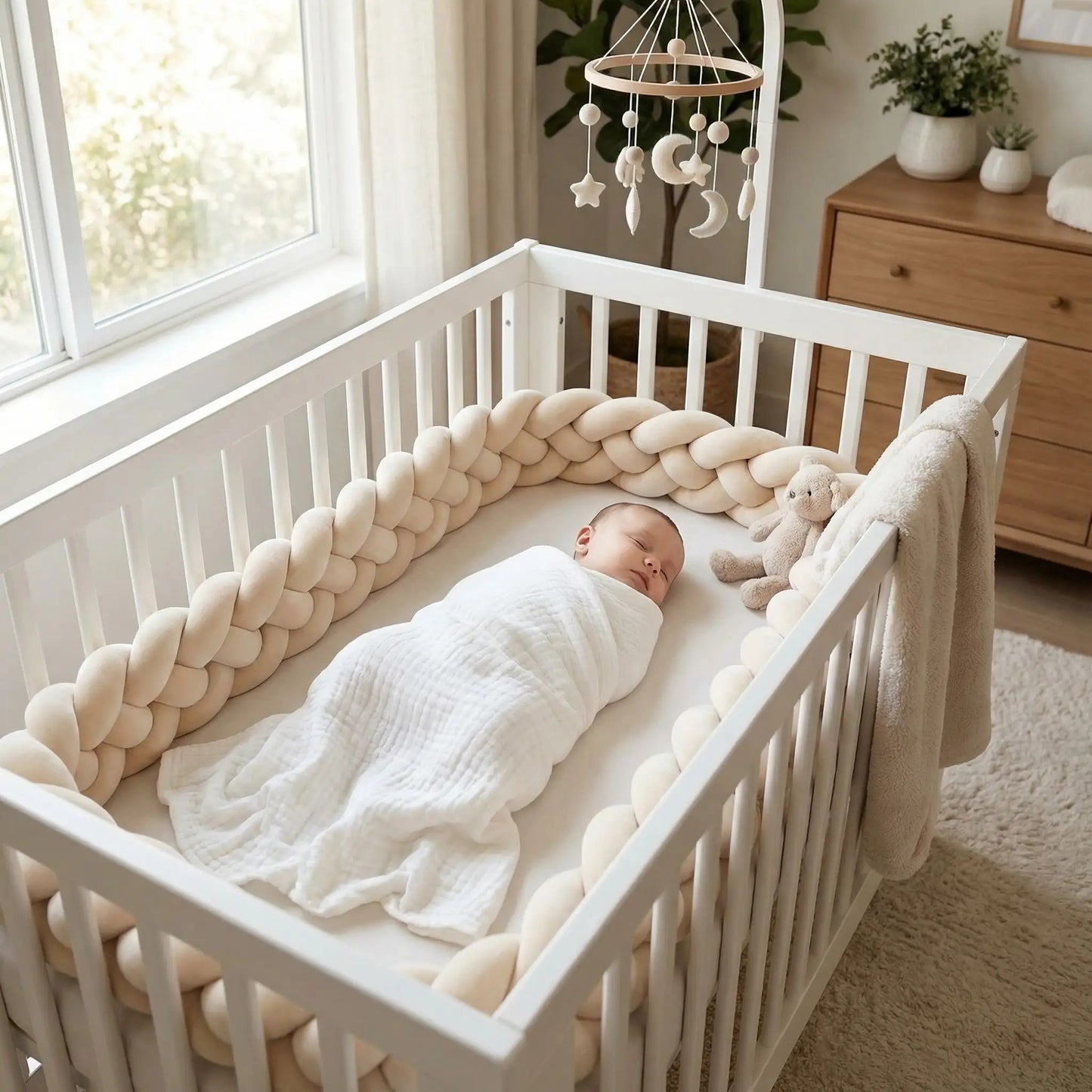 Bébé dort paisiblement dans berceau entouré par tresse tour de lit beige Douceur Protectrice