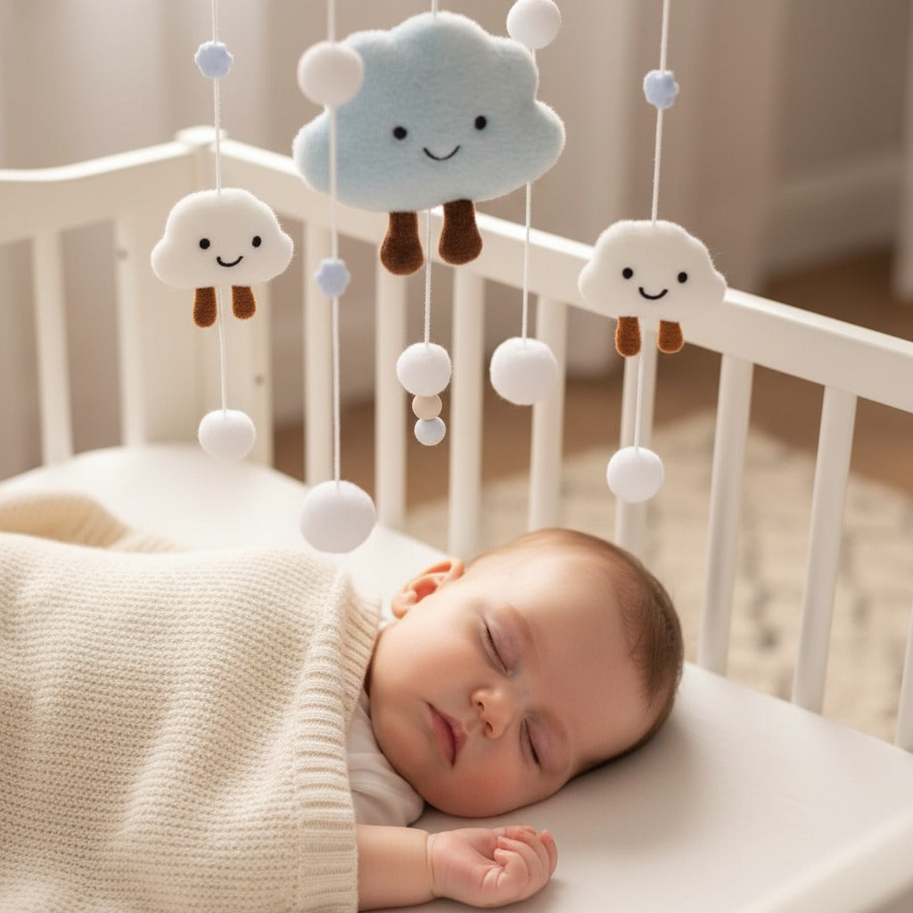 Bébé dort paisiblement dans berceau mobile bébé artisanal bois naturel