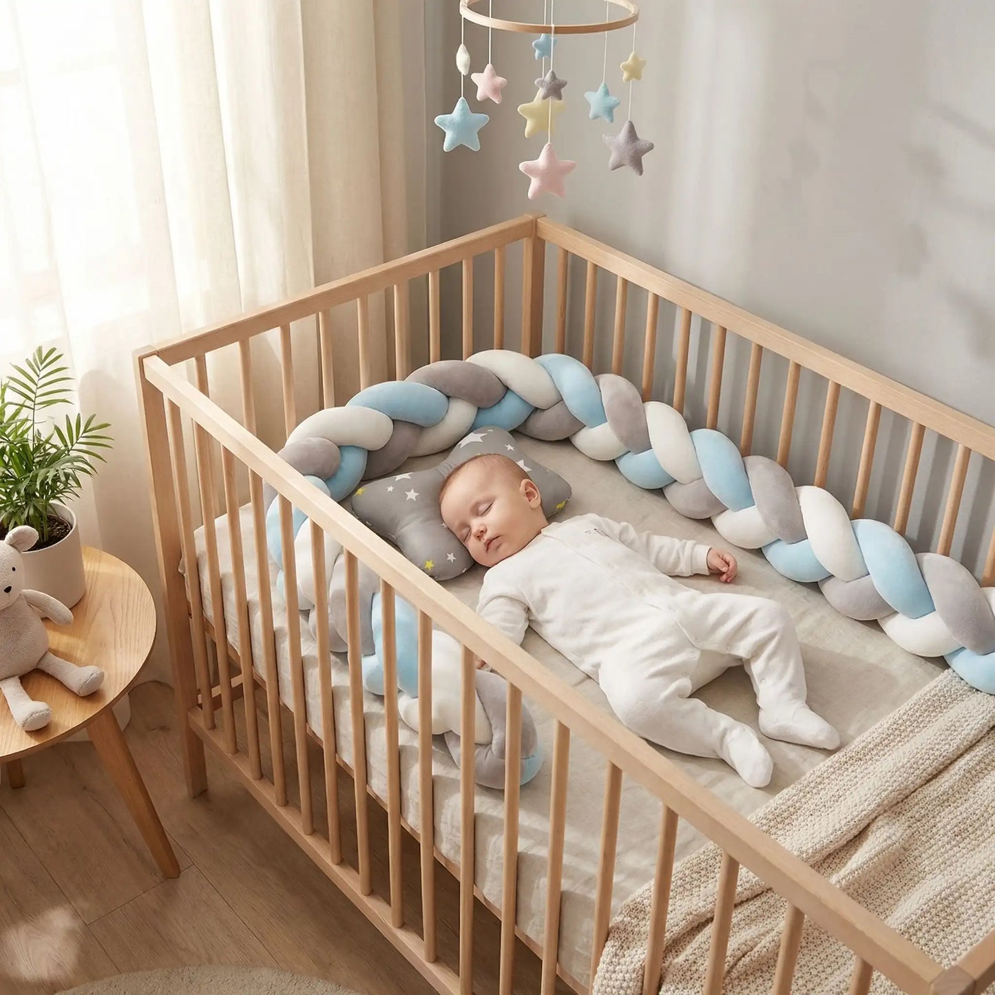 Bébé dort paisiblement dans berceu avec Tresse bebe Bleu Gris Blanc