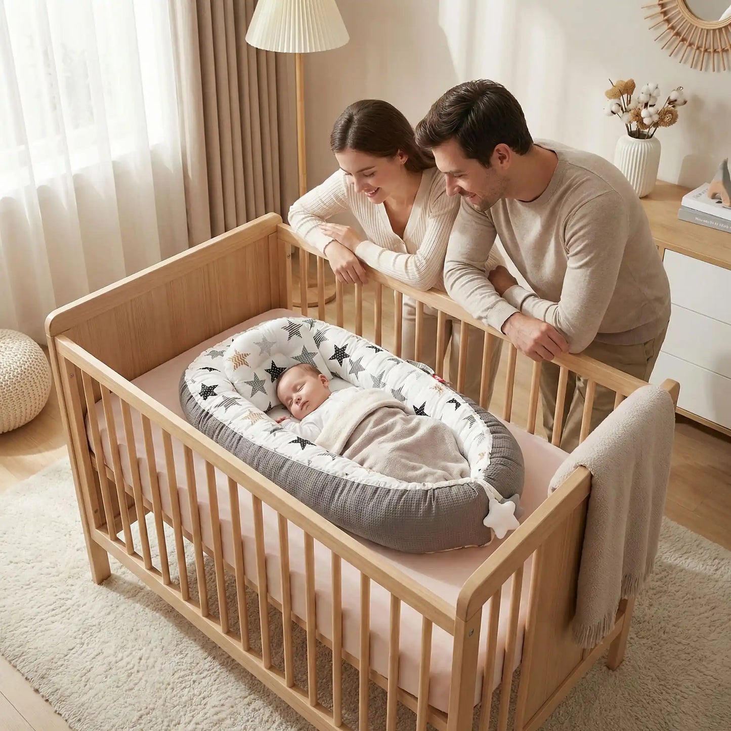 Bébé dort paisiblement dans cocon bébé parents le regardent souriants Doucenuit