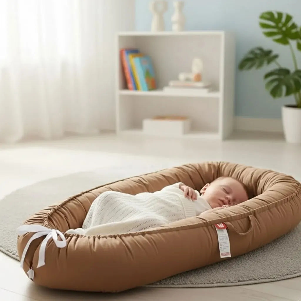 Bébé dort paisiblement dans cocon pour bebe marron Douceur Nocturne