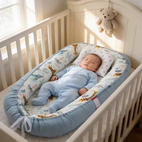 Bébé dort paisiblement dans nid bebe bleu avec motifs girafe Cocoon Respirant