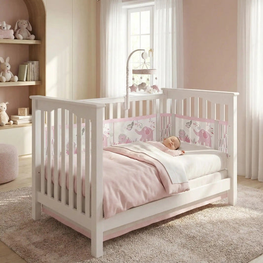 Bébé dort paisiblement protégé par Tour de lit respirant Éléphant rose AirSafe