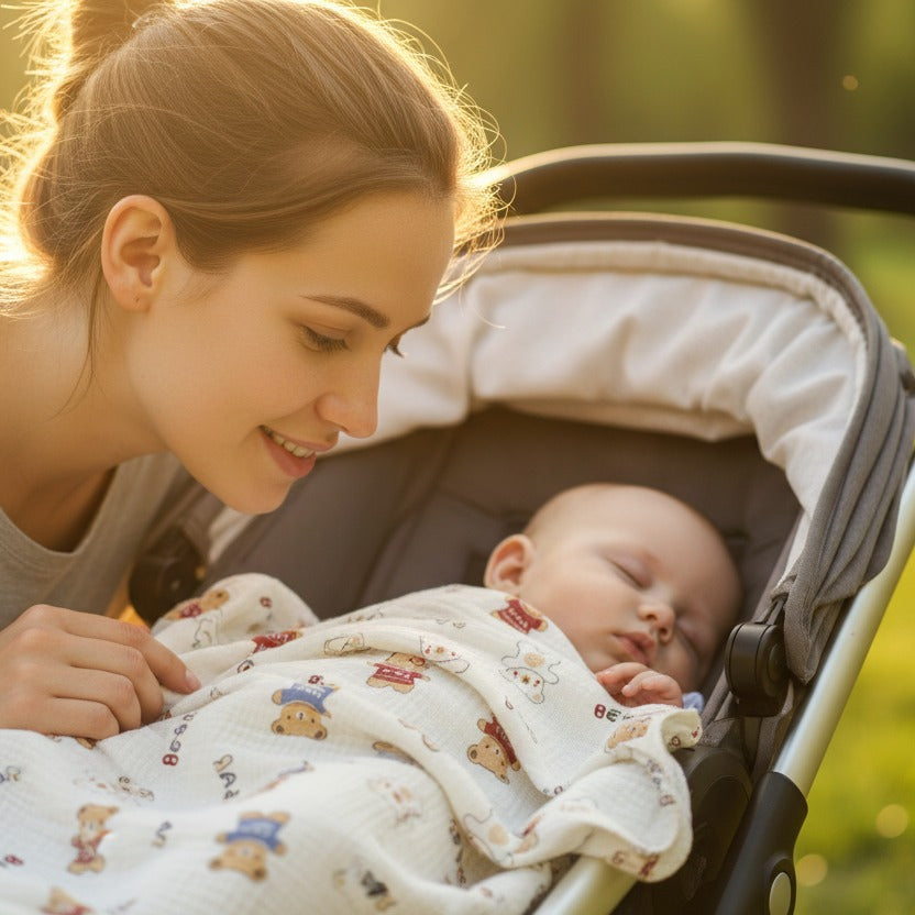 Bébé dort paisiblment dans poussette avec Bebe plaid PETITS PAS