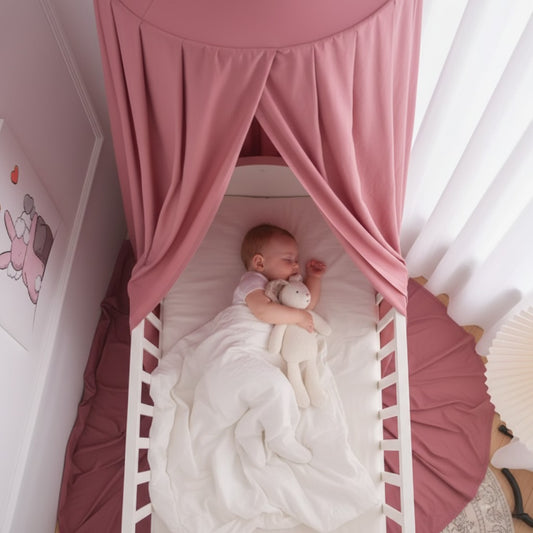 Bébé dort profondement avec doudou sous ciel de lit bebe vieux rose 