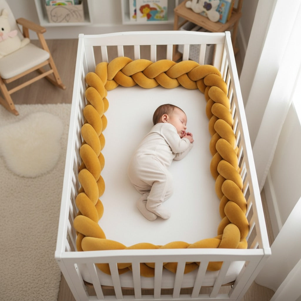 Bébé dort protégé par Natte de lit moutarde Protectrice Tressée