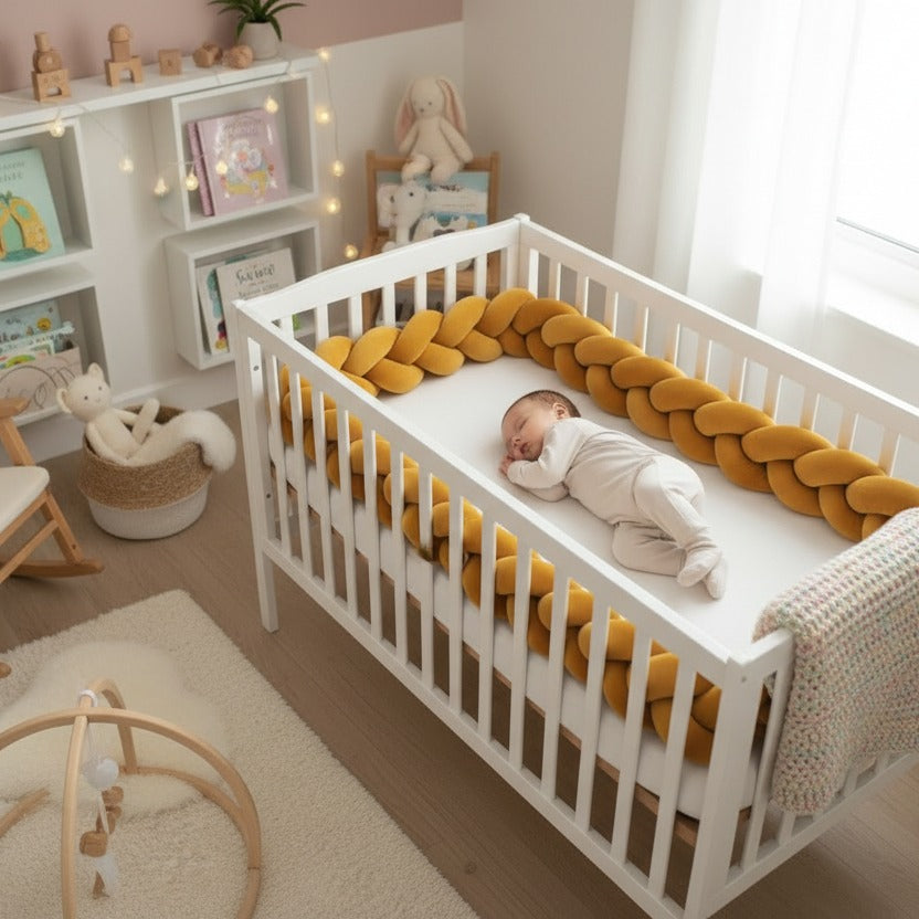 Bébé dort sécurisé avce Natte de lit moutarde Protectrice Tressée