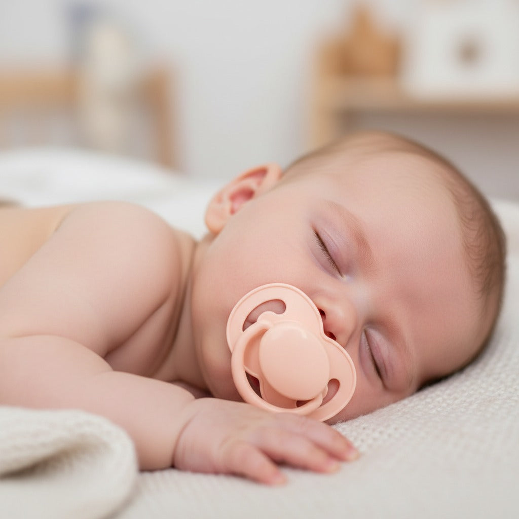 Bébé dort sereinement avec tétine bébé rose nuit sereine