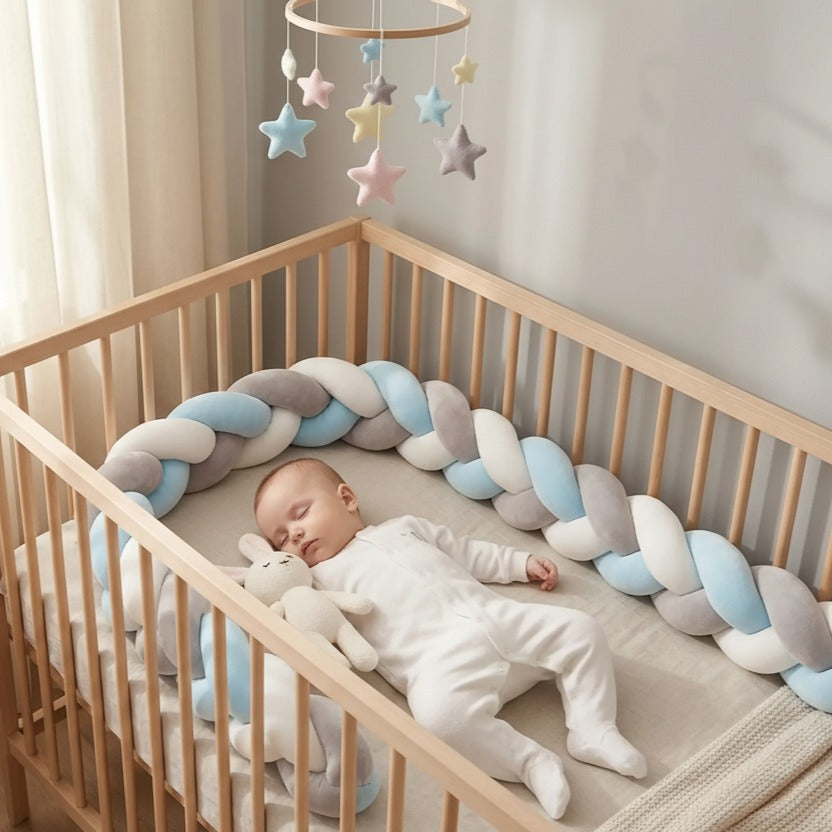 Bébé dort sereinement dans berceau avec Tresse bebe - Bleu Gris Blanc