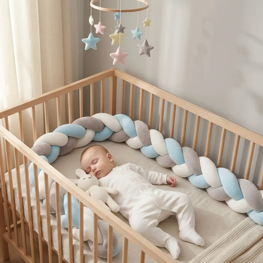 Bébé dort sereinement dans berceau avec Tresse bebe - Bleu Gris Blanc