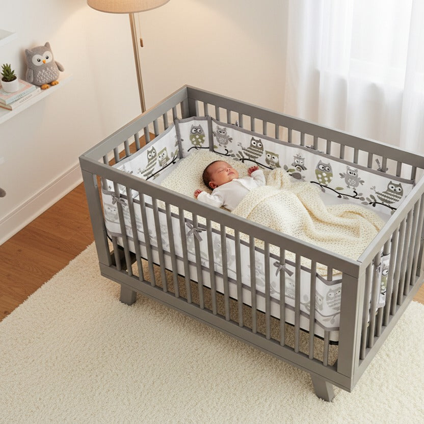 Bébé dort sereinement dans berceau avec tour de lit respirant Aerosafe Hibou