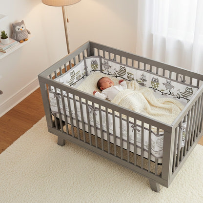 Bébé dort sereinement dans berceau avec tour de lit respirant Aerosafe Hibou