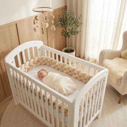 Bébé dort sereinement dans berceau avec tresse tour de lit beige Douceur Protectrice