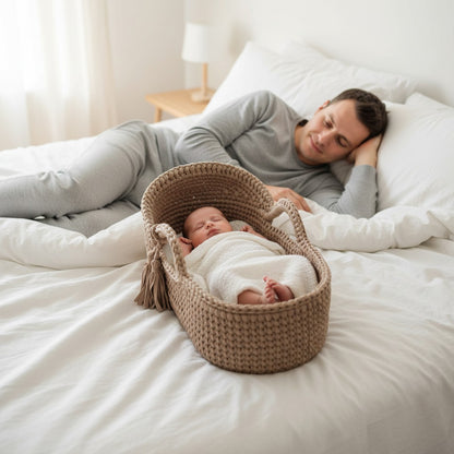 Bébé dort sereinement dans couffin bebe tissé main respirant