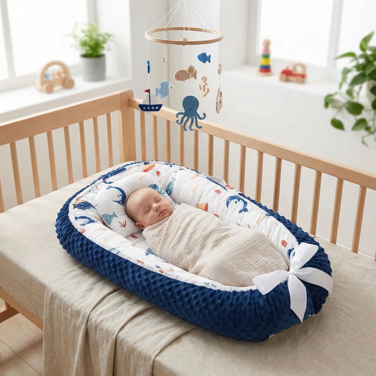 Bébé dort sereinement dans réducteur bebe dans chambre douillette Cocon Marin