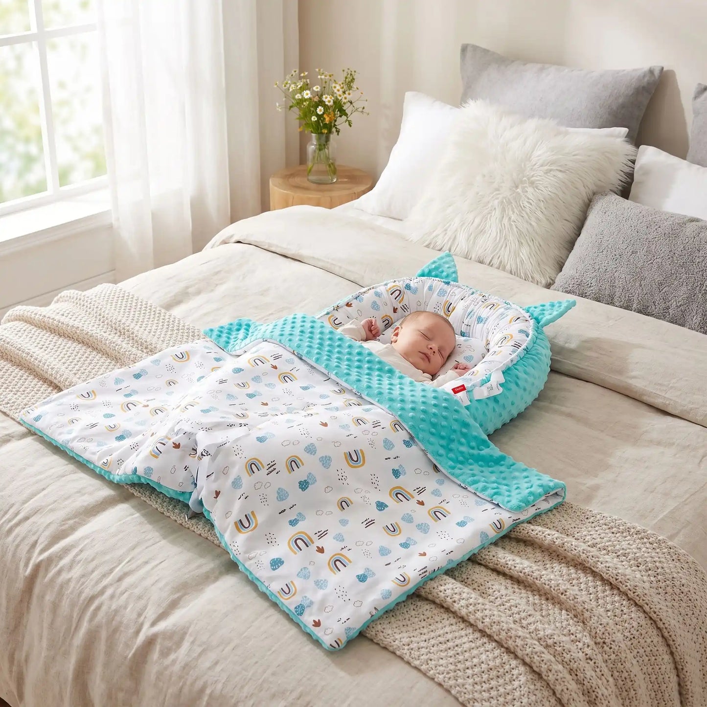 Bébé dort sereinement dans réducteur de lit bébé minky turquoise