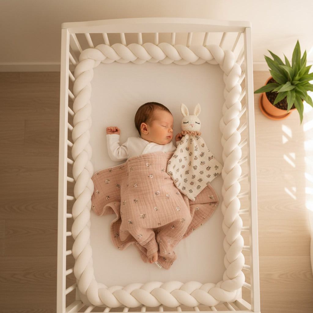 Bébé dprt dans berceau avec doudou bebe Lapinou Crochet