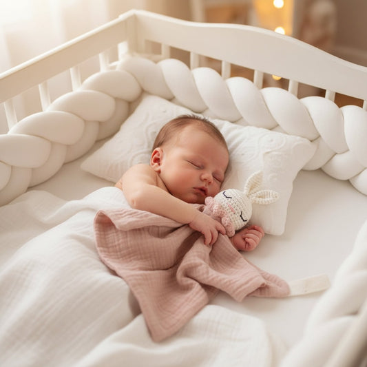 Bébé dprt paisiblement dans berceau avec doudou bebe Lapinou Crochet