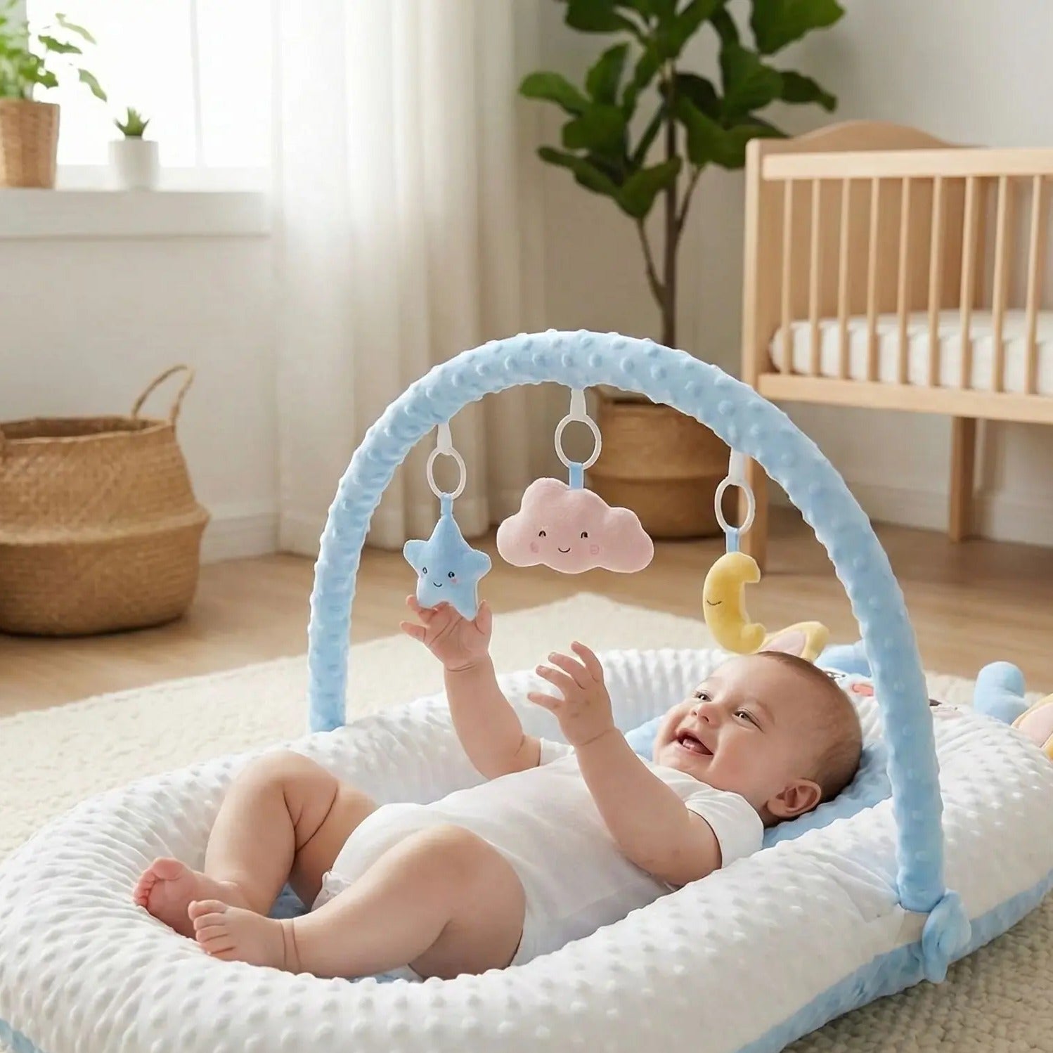 Bébé joue confortablement dans son berceau avec cocon bébé blanc Dodo Sérénité
