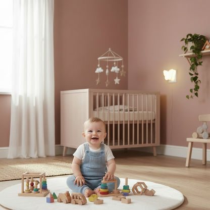 Bébé joue souriant dans chambre avec veilleuse pour bebe - lumière automatique