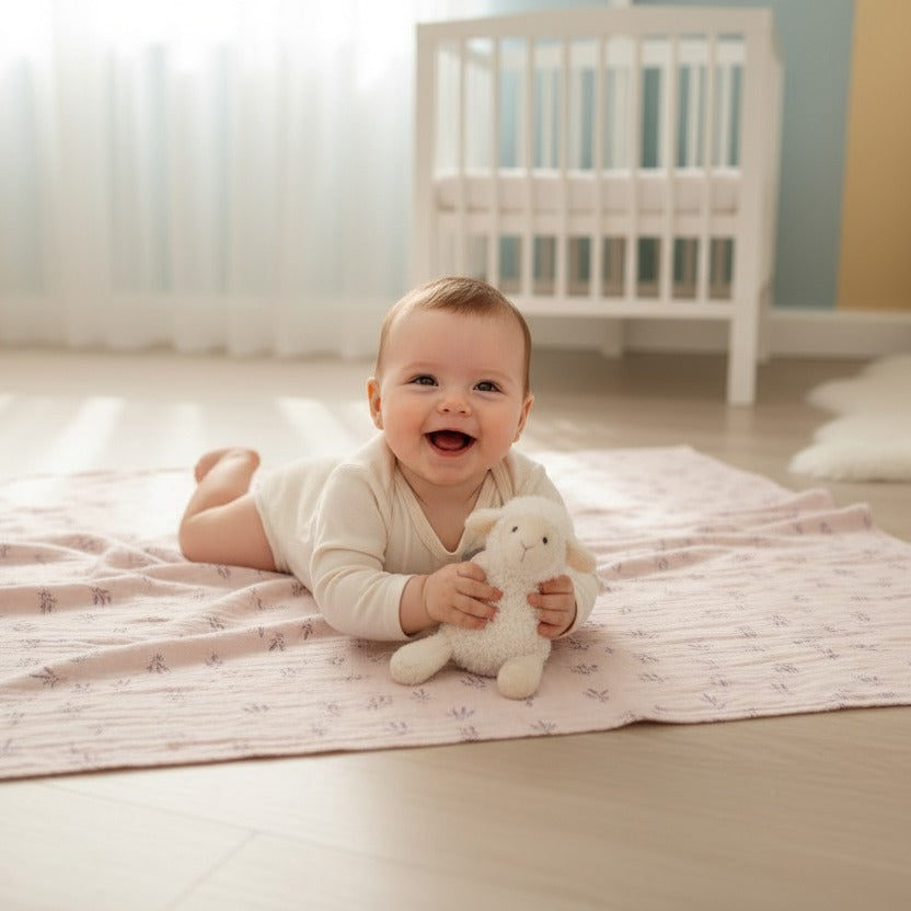 Bébé joue sur couverture bebe douce Plume coton