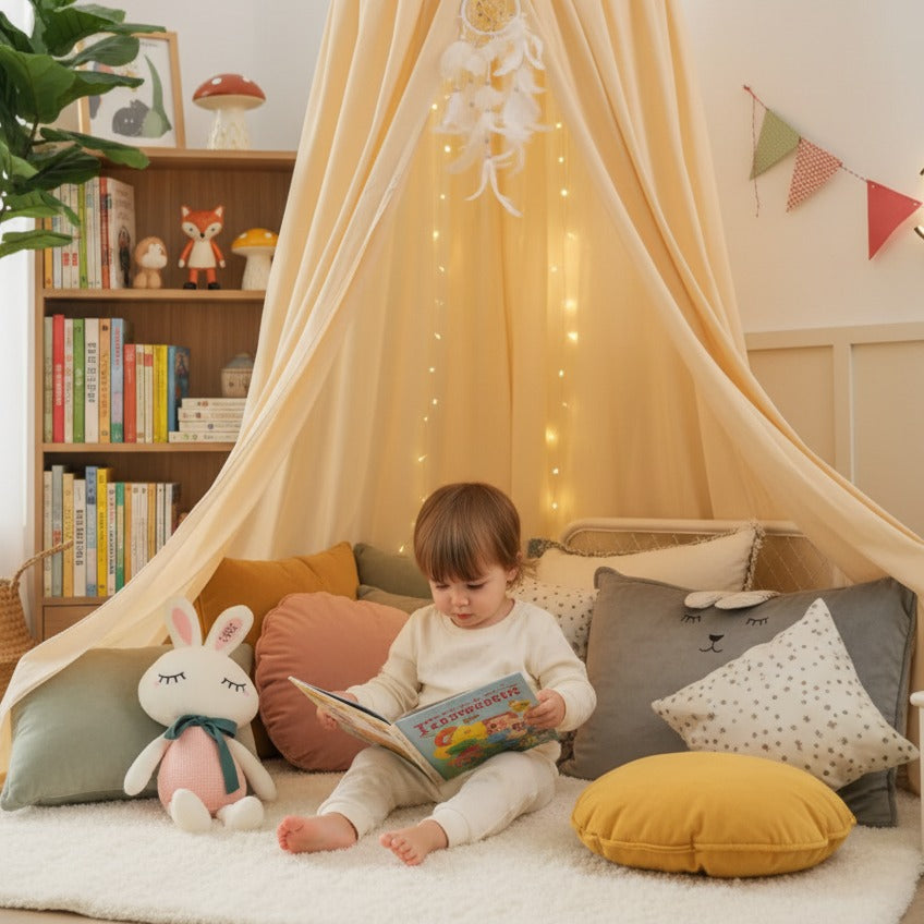 Bébé lit livre sous ciel de lit bébé beige cocon apaisant