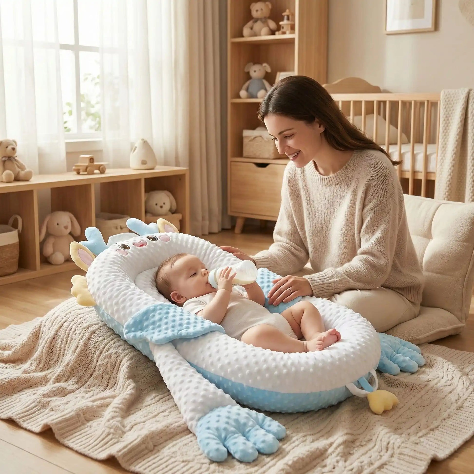 Bébé prend son biberon confortablement dans son cocon bébé blanc Dodo Sérénité