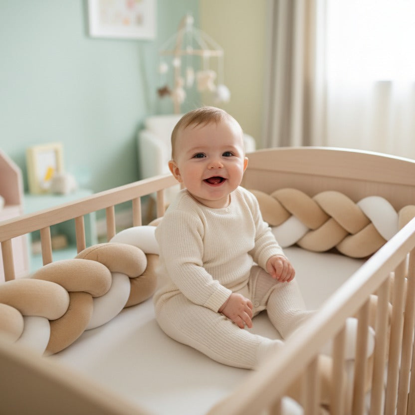Bébé souriant assit dans berceau avec Tresse de lit Beige et Blanc