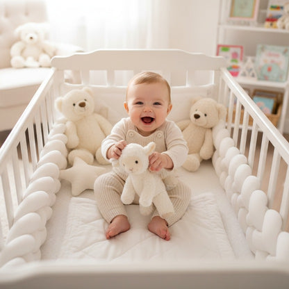 Bébé souriant assit dans berceau avec Tresse tour de lit CozyKnot Blanc
