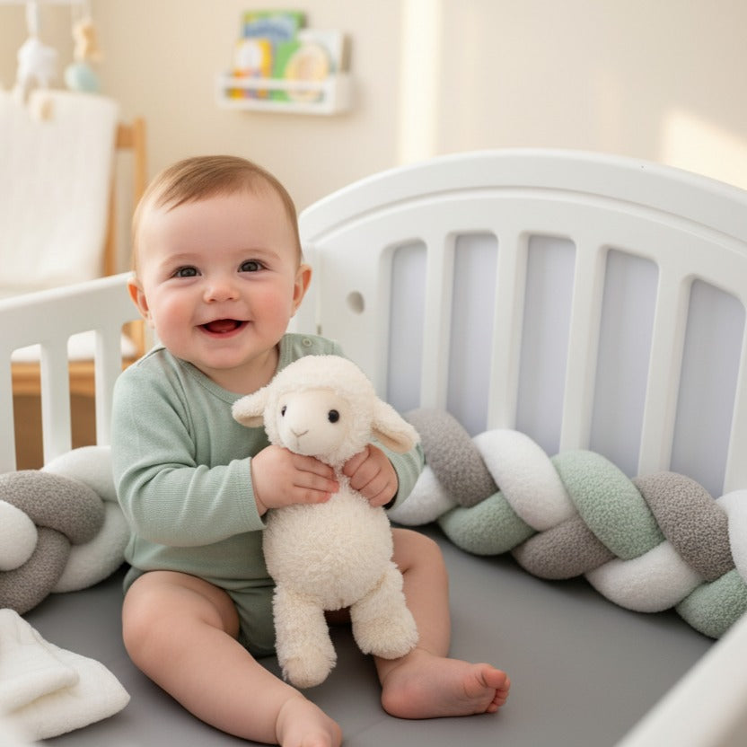 Bébé souriant assit dans berceau avec tresse de lit 3m Coton Douceur
