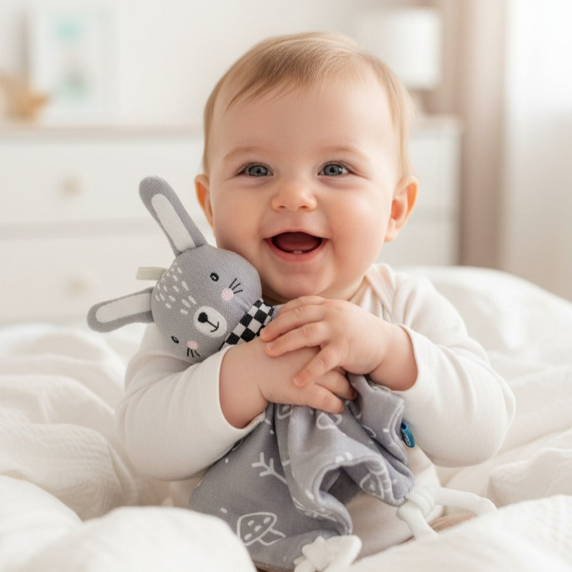 Bébé souriant avec Doudou doux rassurant lapin CozyBuddy
