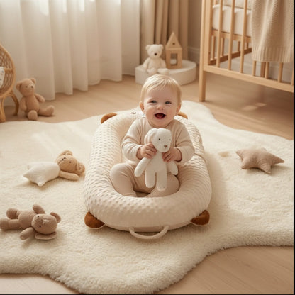 Bébé souriant avec doudou dans Cocon bébé NidDouceur