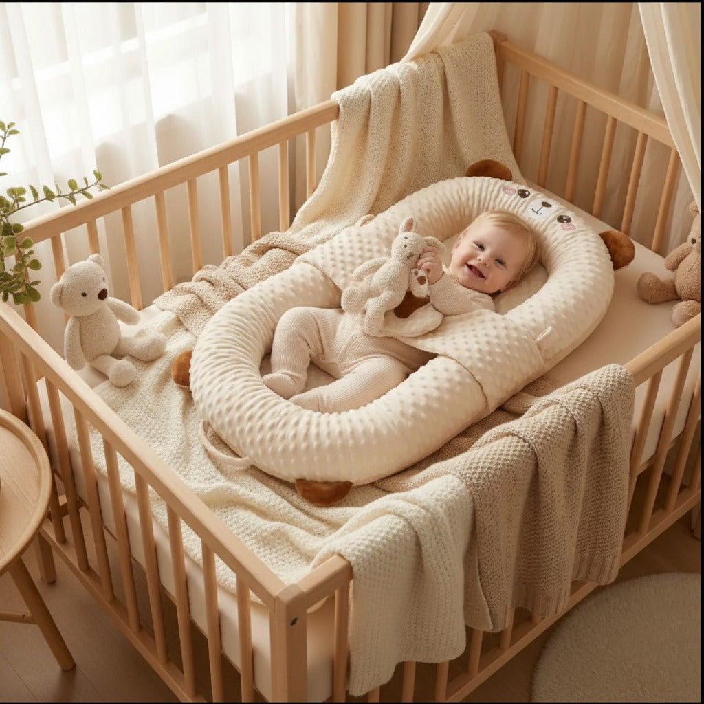 Bébé souriant avec doudou dans berceau avec Cocon bébé NidDouceur
