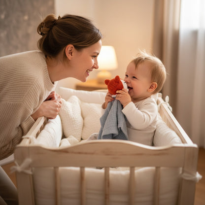Bébé souriant avec maman dans berceau doudou bébé renard coton apaisant