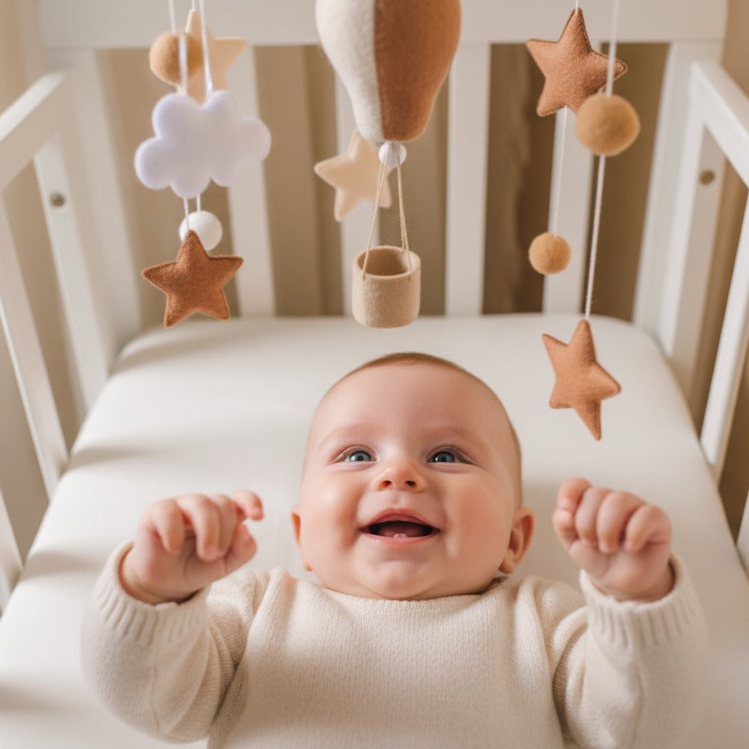 Bébé souriant dans berceau avec Mobile bebe Montgolfière Artisanale